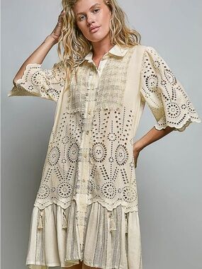 Pol Boho Eyelet Lace Button-Front Tunic Dress in Cream